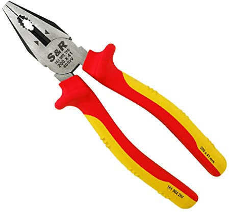 S&R Pinza da Elettricista Universale 200 mm VDE 1000V – Acciaio Cr-V Forgiato | Pinza Combinata Professionale per Fili Medi Ø3,6 mm e Rigidi Ø2,4 mm | Impugnatura Ergonomica Antiscivolo