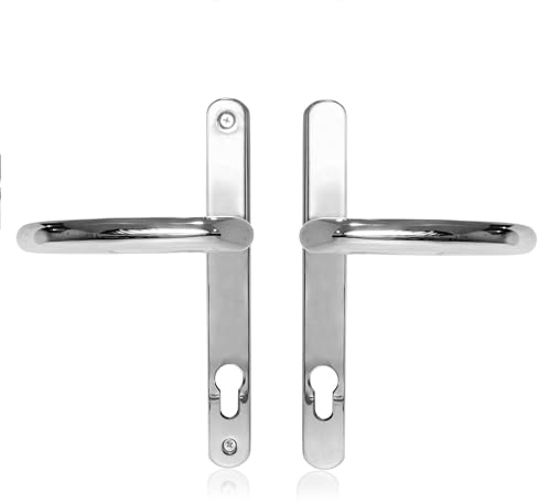 Uros Polished Chrome UPVC Door Handle, (PZ 92mm, 211mm Screw Hole Distance, 243mm Overall) DDA Compliant, Long Backplate, Stainless Steel Front Door Handle