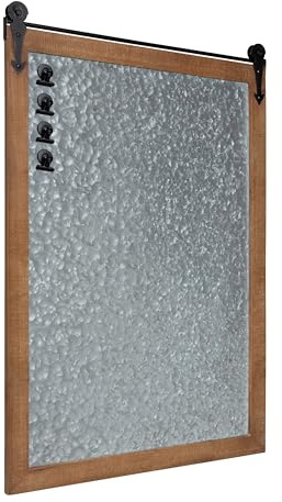 Kate and Laurel Cates Modern Farmhouse Barn Door Wood Framed Galvanized Metal Magnetic Memo Board, Rustic Brown