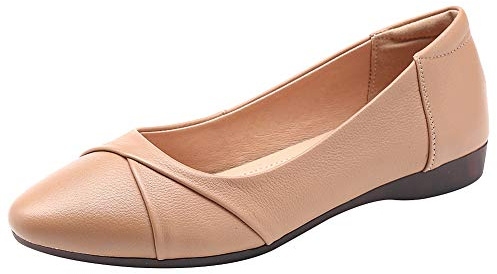amropi Women's Pleated Closed Toe Slip On Working Ballet Flats (Almond,2.5 UK)