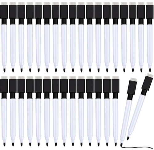 Boao 24 Pack Black Magnetic Dry Erase Markers with Eraser Cap Back to School Mini Whiteboard Dry Erase Markers Bulk Fine Point Tip for Teachers Student School Office White Board Home Supplies