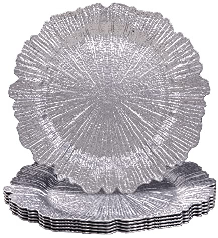 MAONAME Runde 33 cm silberne Platzteller, Riffteller Ladegeräte Set von 6 Kunststoff-Tischladegeräten für Speiseteller, Hochzeit, Erntedankfest, Weihnachten