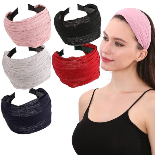 LONEEDY 5 Pack Wide Hard Headband with Teeth for Women, Girls’s Hair Band Pleated Cloth Fabric Hair Hoop Accessories (Mixed colors A, One Size)