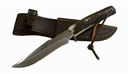 Muela Cuchillo de caza POINTER-13A con hoja de acero inoxidable ACX-380 de 13 cm y empuñadura de asta de ciervo para Caza, Pesca, Supervivencia y Bushcraft + Portabotellas de regalo