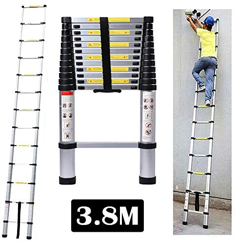3.8M Alu Teleskopleiter, Ausziehbare Leiter, Klappleiter Stehleiter Rutschfester, Ausziehleiter Mehrzweckleiter, Haushaltsleiter 150 kg Belastbarkeit Mit EN131 Zertifiziert