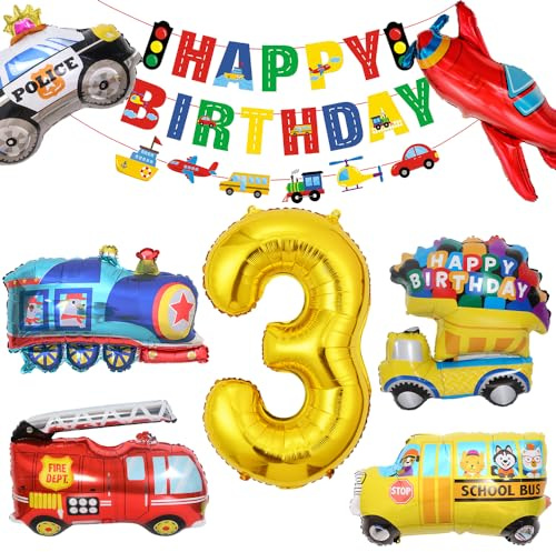 Bluelves Geburtstagsdeko 3 Jahre Folienballon,Auto Geburtstag Deko 3. Jungen,Feuerwehrfahrzeuge Truck Happy Birthday Girlande Banner,Polizeiauto Motorrad Luftballons für Kinder Party