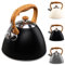 Vilde - Bouilloire sifflante à ouverture automatique - 3 l - Compatible avec cuisinière à gaz, à induction - Couleur bois noir