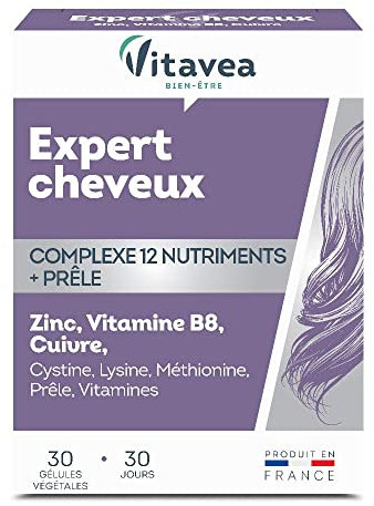Vitavea Expert Cheveux 12 nutriments - Complément Alimentaire Cheveux - Biotine (vitamine B8), Zinc, Cuivre, Vitamines - 30 gélules - Cure de 1 mois - Vegan - Fabriqué en France