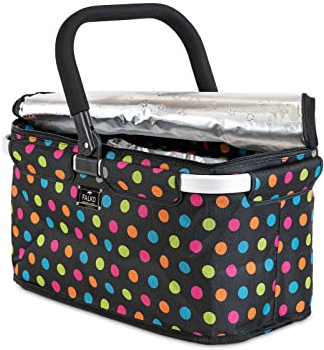 Genius Thermo-Einkaufskorb Falko schwarz mit bunten Punkten | Einkaufstasche 22l groß, faltbar, mit Deckel | Tragekorb mit Kühlfunktion für unterwegs, Schwarz-bunt