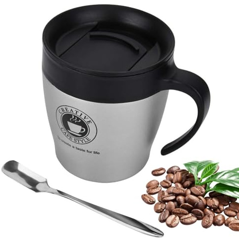 VIFERR Tasse à Café Isotherme, 330ml Tasse à Café Double Paroi en Acier Inoxydable, Reutilisable Vintage avec Cuillère etCouvercle etPoignée pour Voyage de Bureau Domicile, argent