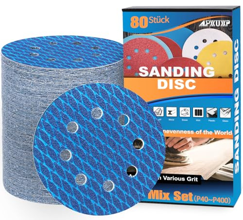 ALPXUXP 125mm Slipskivor、Orbikulär 8hål Diamantformat Blå Sandpapper、För Slipning Trä Metall Rostborttagning Slippapper Set(med korn P60 P80 P120 P150 P180 P240 P320 P400 x 10) 80 Stycken