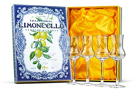 Copas de Cristal para Limoncello y Cordial | Juego de 4 | 100 ml | Copas Altas de Tallo Largo para Licores Aromáticos, Bebidas de Sobremesa, Aperitivos, Digestivos