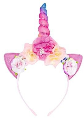 little Birthday | 1x Einhorn Haarreif mit Ohren und Blumen | Geburtstag | Kindergeburtstag | Party | Karneval | Fasching | Mitgebsel | Deko