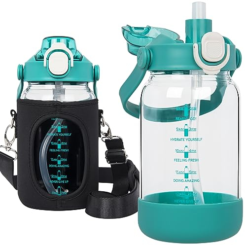Seekua 1l Glass Water Bottle with Straw & motivational Time Markings 1 litre large Drinking Bottle with Fruit Infuser for Juice, Smoothie, Milkshake