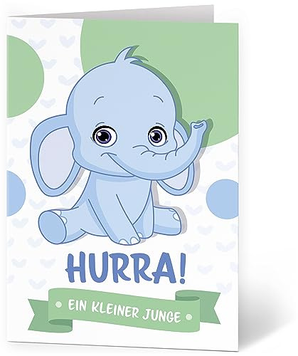 XXL Glückwunschkarte (A4) zur Geburt Junge Elefant Blau - hochwertige Klappkarte | Große Karte Grußkarte Glückwunsch mit Umschlag Baby Eltern