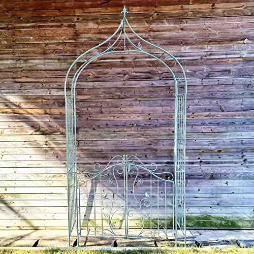PRUJOY Wrought Iron Arch Flower Rack Arched Rose Climbing Rattan Rack Outdoor Garden Climbing Bracket (green with door)