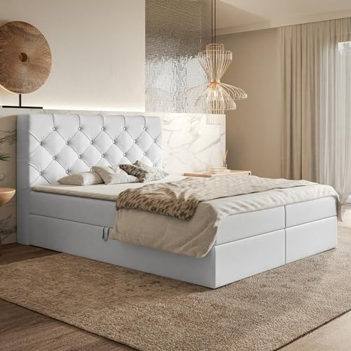 MOTIVENA Margo Chesterfield Boxspringbett 180x200 mit Bettkasten und Topper, Polsterbett 180x200 mit Bettkasten, Taschenfederkern-Matratze (H3), Visco Topper (H2), mit Strass, Kunstleder, Weiß