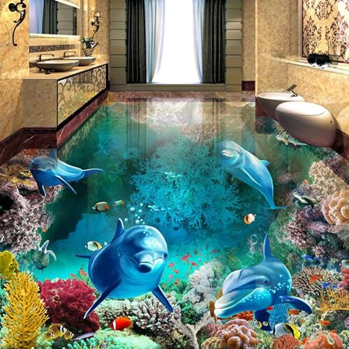 Selbstklebende Bodentapete Unterwasserwelt-Delphin-3D-Bodenmalerei-Wandbild-Fototapete, 250 * 175 cm Bodenfliesen Aufkleber Wohnzimmer Studie Bodenbelag Tapete, Epoxidharz
