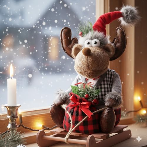 KAMACA Deko Elch Rentier-Junge auf Schitten mit Weste & Mütze Weihnachtsdeko im Skandi-Look Fensterbank Kommode Geschenkidee Dekoidee Winter Weihnachten (Rentier Junge auf Schlitten 40 cm Höhe)