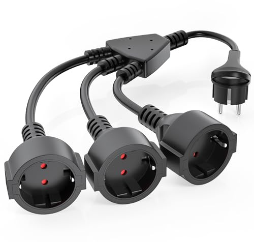 Doppelstecker für Steckdose, Verlängerungskabel mit 3 Fach Steckdosen und Flachstecker, AOUOO 3 Fach Schuko Y Verteiler, 1.5 mm² Flexible Kable, 16A/250V, IP20 Wasserdicht, für Zuhause, Büro Schwarz