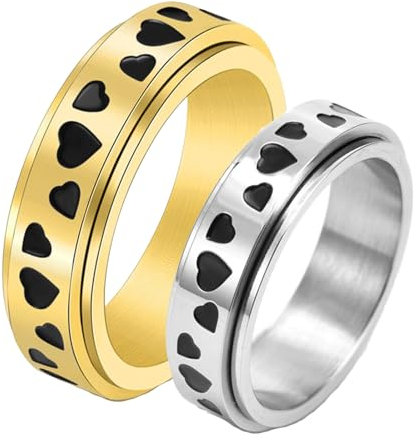 ANAZOZ Edelstahl Ringe Trauringe, Hochzeit Ringe Paar Personalisierte 6mm Drehringe mit Schwarzem Herz Frau 67 + Mann 57