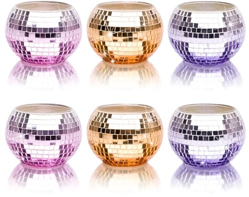 Toptime Teelichthalter 6er Set, Glitzer Mosaik Kerzenhalter Glas mit Farbverlauf, Romantischer Handgefertigter Teelichtgläser mit Spiegelglas, Bunt Windlicht für Geburtstag, Weihnachten, Party Deko