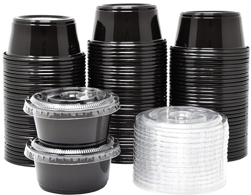 100 Sets – 92 ml, schwarze Jello Schnapsbecher mit Deckel, kleine Kunststoffbehälter mit Deckel, Soßenbecher, Gewürzbecher, Einweg-Portionsbecher, Salatdressing-Behälter to go