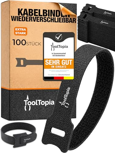 Kabelbinder Wiederverschließbar 100 Stk | Kabelmanagement, Klett Cable Ties | Klett verlängerbar 150mm, Wiederverwendbar & lösbar, Perfektes Kabelmanagement für Heimwerker, ToolTopia Handwerksqualität
