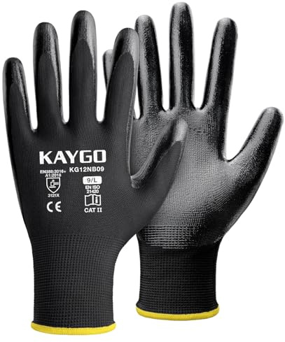 KAYGO Arbeitshandschuhe Nitril beschichtet, 12 Paar, KG12N | Flexibel Schutzhandschuhe mit gutem Grip für Herren Damen, ideal für Arbeit Bau Lager Auto Garten DIY (Schwarz, L, Gr 9)