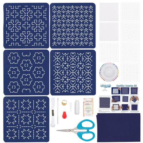 ORIGACH 5 Set Sashiko Untersetzer, traditionelles japanisches Nähset, handgefertigte Untersetzer mit Garn, Nadel und fünf verschiedenen Designs auf marineblauem Stoff