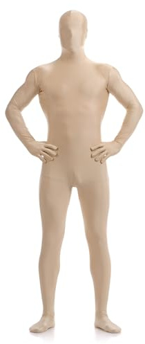 LEEMQCYA Herren Ganzkörper-Einteiler mit Maske, langärmelig, Reißverschluss hinten, Einteiler, Bodysuit, zweite Haut, Tanzkleidung, beige, S/145-155cm