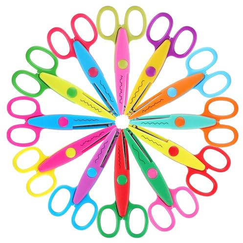 12 Pack Blunt Tip Safety Scissors for Kids - Plastic Craft Scissors with Zig Zag & Scallop Edges, Serrated Blades - Teacher Supplies for DIY Crafts, Classroom, Scrapbooking, Decorative Paper Cutting