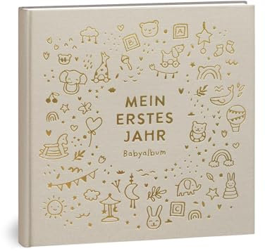 Mein erstes Jahr Babyalbum - Hochwertiges Leinenbuch mit Goldprägung für die schönsten Erinnerungen - Babybuch zum Eintragen für das erste Lebensjahr - Baby Geschenk zur Geburt (Spielzeug Natur)