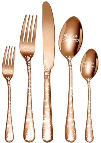 XIAOYU 5PCS Stainless Steel Flatware Set with Unique Christmas Tree Pattern Handles, Knife Fork Spoon Set for Christmas, Halloween, Easter