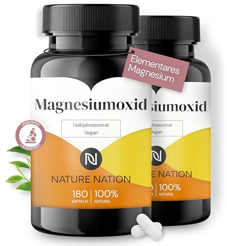 Magnesium Kapseln - optimal hochdosiert je Kapsel 667mg, davon 400mg elementares Magnesiumoxid pro Kapsel - sehr hoher Magnesium-Gehalt - Laborgeprüft, vegan & rein (2 x 180 Kapseln)