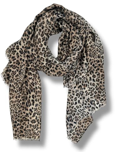 Ziona Leo Print damduk 178 cm x 87 cm leopardmönster halsduk med lätta fransar vår halsduk, Beige-svart-mörkbrun, XXL