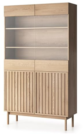 konsimo Vitrine HARMA Standvitrine, hergestellt in der EU - Loft-Stil, Push-to-Open, Füße 20 cm, Lamellenfronten