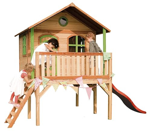AXI Spielhaus Sophie mit rote Rutsche | Stelzenhaus in Braun & Grün aus FSC Holz für Kinder | Spielturm mit Wellenrutsche für den Garten