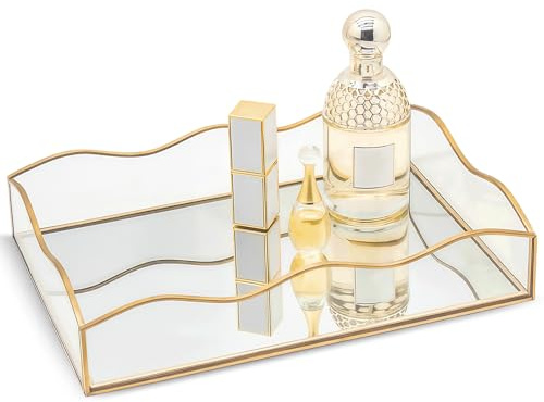 Bandeja decorativa SLHEQING grande con espejo, bandeja rectangular para baño, bandeja de cristal, organizador de cosméticos, organizador de maquillaje dorado para tocador, mesa de comedor, baño o