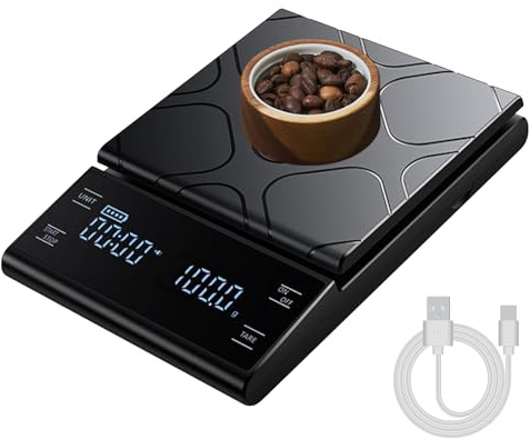 HONPHIER Mini Kaffeewaage mit Timer Wiederaufladbare Digital kaffeewaage 5kg/0,1g Präzisionswaage für Espresso und Pour-Over mit LED-Anzeige, Berührungssensor, Schwarz