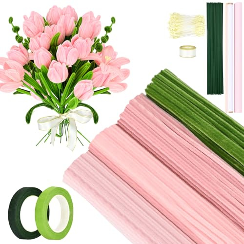 Vinitoy Pfeifenreiniger Blumen Set, 400+ Stück Pfeifenputzer Zum Basteln mit Blumendraht, Blumenband, Klebeband, Geschenkband, Geschenkpapier, Rosa