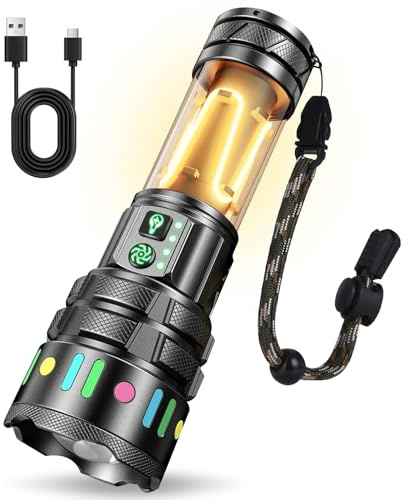 LED Taschenlampe 500.000 Lumen, aufladbar, 8 Modi, zoombar, IP54 | Mit Campinglicht und langer Akkulaufzeit. Ideal als taktische Handlampe für Camping, Wandern, Angeln und Outdoor.