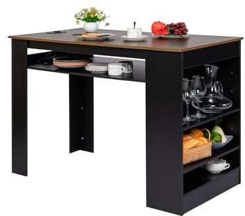 EGGREE Multifunktionstisch Esstisch mit Aufbewahrungsregalen und Steckdose - 110x60x78cm Küchentisch aus Eiche Dekor - Höhenverstellbare Fächer, Ablagefläche, für kleine Räume in Walnuss und Schwarz