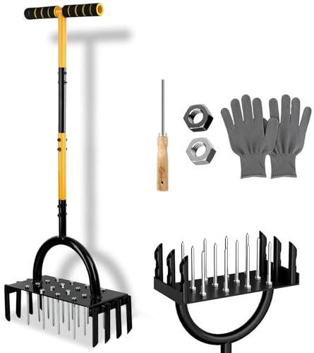 YiTePeDo Ventilatore per prato 2 in 1, 96 cm, aeratore manuale per prato, con 24 punte di ferro, con impugnatura a T, per pulire il manico e i guanti per pavimenti compressi, cura del prato