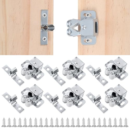 TIESOME 6 pestillos para muebles para puerta de armario, acero inoxidable con doble rodillo con 24 tornillos, doble rodillo para puerta de plata, trampilla adecuada para puerta de armario, cocina