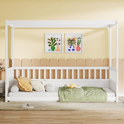 Aurnienofus Twin Size Canopy Bed Frame with 4 Posters and Guardrails for Kids, Wood Montessori Floor Beds with High Fence for Girls & Boys, Easy Assemble, Kids Montessori Bed,White