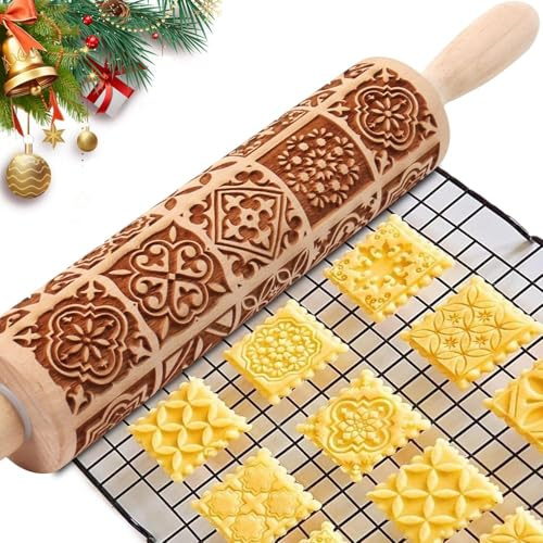 Nudelholz mit Muster Weihnachten Backen-Teigroller Holz für DIY Weihnachten Plätzchen und Keramik-Graviert Plätzchenrolle mit Motiv-3D Plätzchen Roller,DIY Küchenwerkzeug Backzubehör für Hausgemachtes