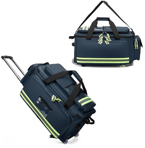 Große Erste-Hilfe-Tasche mit Rollen - Leere Medizintasche, Wasserdicht mit Abnehmbarem Trolley, Organizer-Fächern & Reflexstreifen für Zuhause, Reisen, Camping und Wanderung (Rot/Blau)