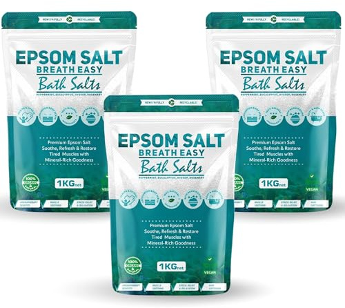 Epsom Bath Salts 1kg – Peppermint, Eucalyptus, Hyssop & Rosemary Scent | Natural Magnesium Sulphate | Calming Bath Soak for Deep Relaxation, Sleep Support & Muscle Recovery (Pack of 3)
