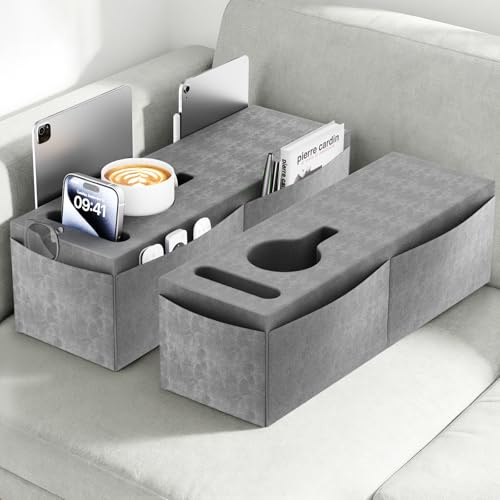 Couch Armrest Caddy with Cup Holder, Portable Sofa Armrest Pillow Drink Holder Table Tray with 5 Large Side Storage Pockets, Portable Sofa Rrmrest for Reading & Bed Rest Pillows armrest couch- 2 Packs